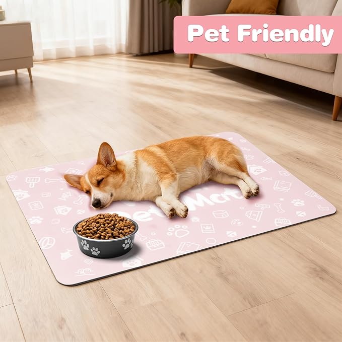 Pet Feeding Mat,Dog Cat Mat for Food and Water,Dog Bowl Waterproof Placemat with Rubber Backing,Absorbent Quick Dry Water Dispenser Mat for Pet（Pink 16"×24"）