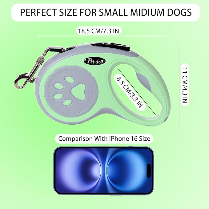 Retractable Dog Leash, VELIGOOD 5M/16FT Extendable Dog Lead with Strong Nylon Tape Tangle-Free One-Handed Brake, Pause, Lock for Small Medium Dogs (Green)