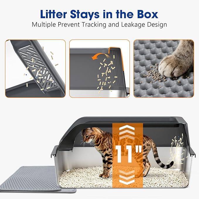 Stainless Steel Cat Litter Box with Lid, Enclosed Litter Boxes XL High Sided for Kitty Big Cat and Multiple Cats, Anti-Urine Leakage | Non-Stick & Includes Cat Mat and Scoop