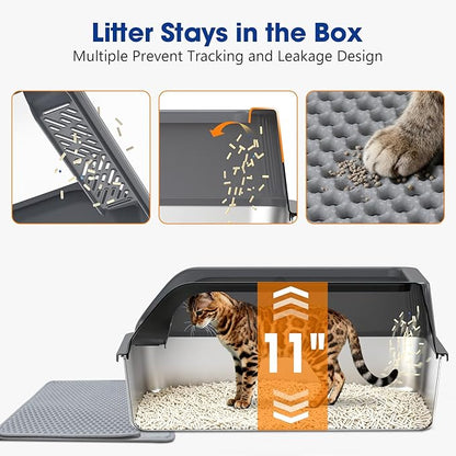 Stainless Steel Cat Litter Box with Lid, Enclosed Litter Boxes XL High Sided for Kitty Big Cat and Multiple Cats, Anti-Urine Leakage | Non-Stick & Includes Cat Mat and Scoop