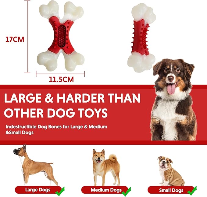 LaRoo Dog Toys for Aggressive Chewers Medium Dogs, Tough Dog Toys, Puppy Teething Chew Toys, Heavy Duty Indestructible Bones, Peanut Butter Slot for Snacks, Meat Flavor & Dental Care (Red)