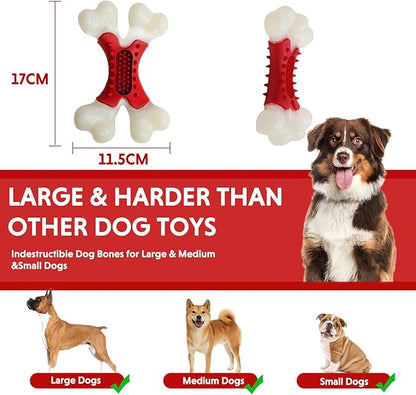 LaRoo Dog Toys for Aggressive Chewers Medium Dogs, Tough Dog Toys, Puppy Teething Chew Toys, Heavy Duty Indestructible Bones, Peanut Butter Slot for Snacks, Meat Flavor & Dental Care (Red)