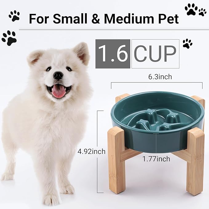 Ceramic Slow Feeder/Dog Bowl for Small Medium Dogs,Elevated/Raised Slow Feeding Dog Food Water Dish Heavy Weighted,Puzzle Eating Bowl Moder （Stars Mark-Forest Green, 8.26in）