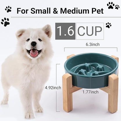 Ceramic Slow Feeder/Dog Bowl for Small Medium Dogs,Elevated/Raised Slow Feeding Dog Food Water Dish Heavy Weighted,Puzzle Eating Bowl Moder （Stars Mark-Forest Green, 8.26in）