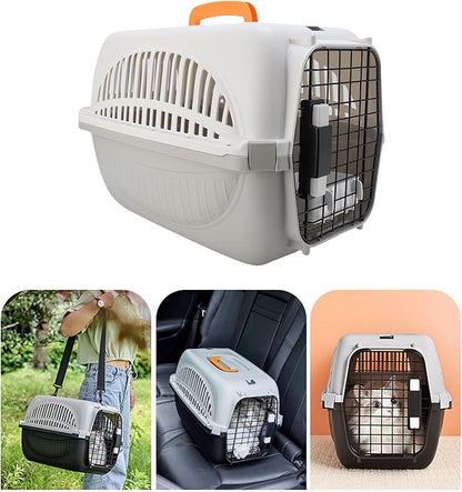 Plastic Pet Carrier, 18.9x12.6x12.6 inch Hard Sided Travels Cat Crate with Wire Door and Water Bowl Ventilation and Security Lock Design Portable Small Dog Kennel for Camping (Grey)
