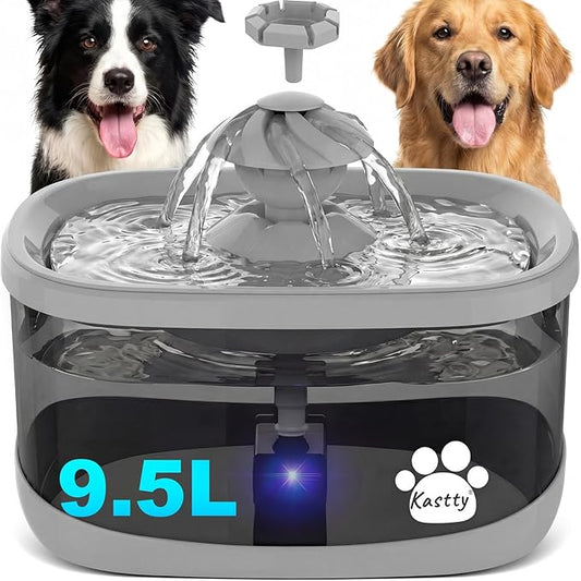 Kastty 9.5L Dog Water Fountain for Large Dogs,2.5Gal Large Capacity Pet Water Fountain with 3 Flow Modes, Automatic Quite Dog Water Bowl Dispenser with Water Window & LED,Easy to Clean(FS82,Grey)