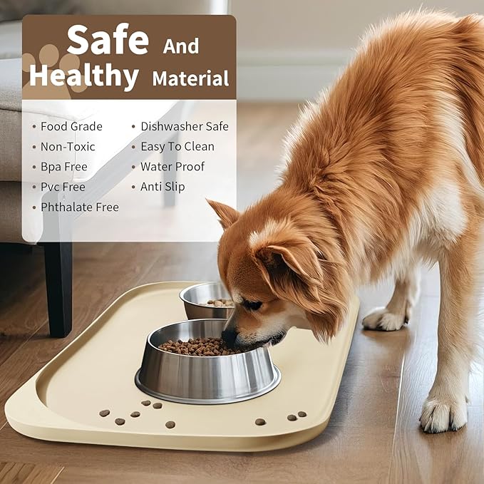 Silicone Pet Food Mat with Raised Edge for Food and Water Bowl, Dog Feeding Mats, Cat Food Trays for Floor Waterproof, Rubber Tray for Dogs and Cats, 22 x 14 x 0.8 Sand White (Yellow Cast)