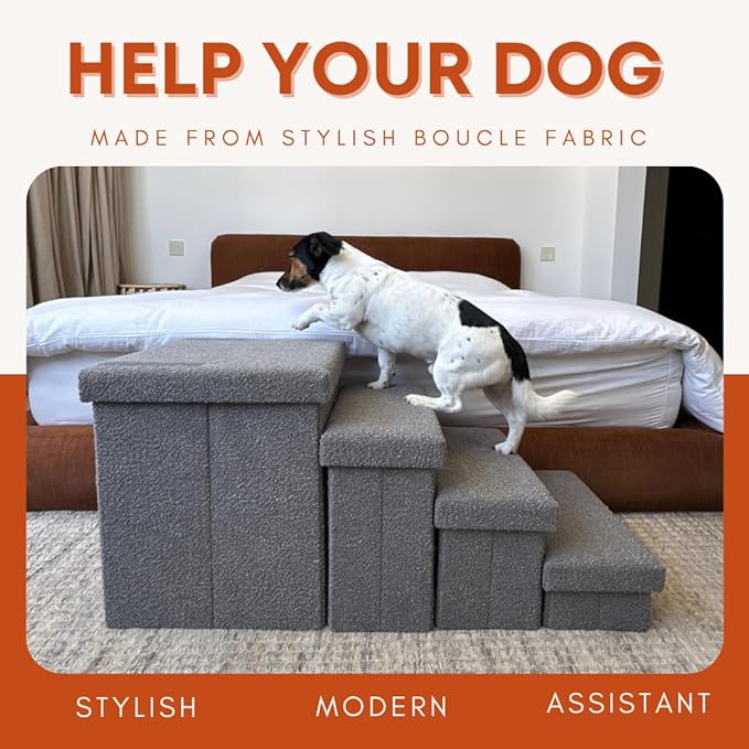 5-Step Dog Stairs for Small, Medium Dogs with Storage Box - Durable Folding Pet Steps, Padded Lid and Container; Dog Steps for Bed and Couch + Hair Brush Gift (Light Grey, Large, 5.0.)