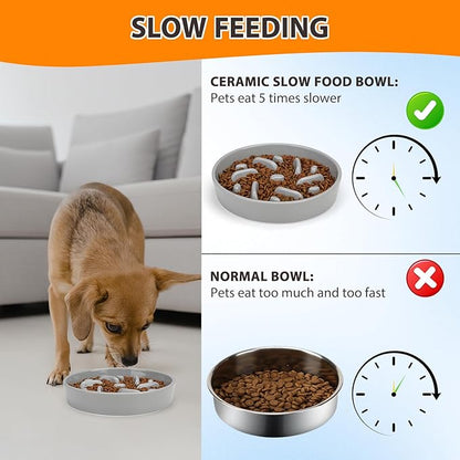 Ceramic Slow Feeder Dog Bowl, 8.3 inch Dog Food Bowls for Small, Medium, and Large Breed, Anti-Slip Puzzle Food Dish to Slow Down Eating (Grey, 8.3 in)