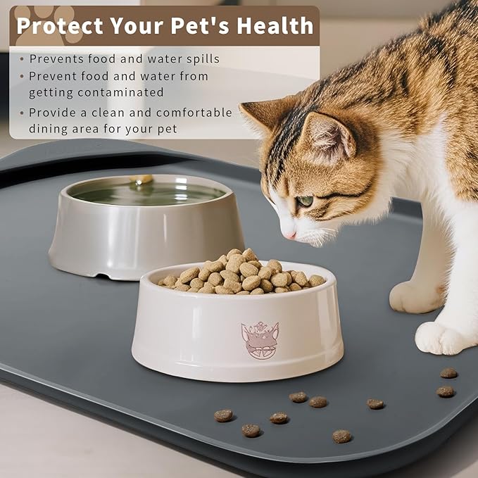 Silicone Pet Food Mat with Raised Edge for Food and Water Bowl, Dog Feeding Mats, Cat Food Trays for Floor Waterproof, Rubber Tray for Dogs and Cats, 22 x 14 x 0.8 Dark Gray