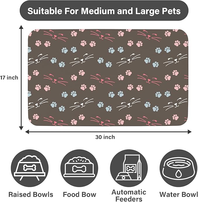 Patterned Cat & Dog Bowl Mat for Food and Water, 17"×30" Quick Dry Absorbent Pet Feeding Mat, Eco-Friendly Dog Placemat