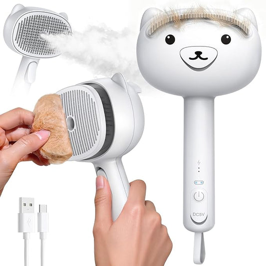 Self Cleaning Shedding Steam Cat Brush, Silicone Scraper Included Dog Brush, Adorable Bear Design, primecat, Cat Brushes for Shedding, USB Rechargeable, for Grooming & Haired Pets, Dogs & Cats, White