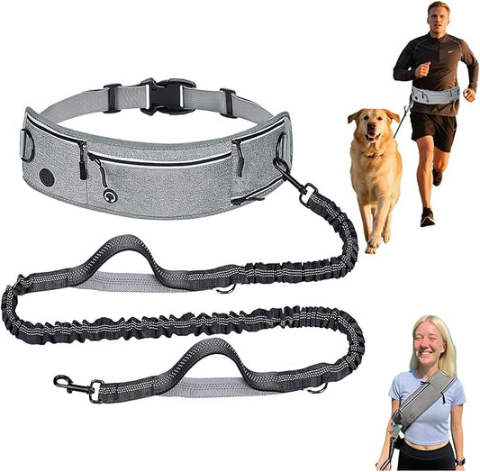 4 in 1 Hands Free Waist Dog Leash, Crossbody Leash with Pouch, Retractable Bungee Shock Absorption, Anti-Burst Design, Reflective, for Medium to Large Dogs (01-Gray)
