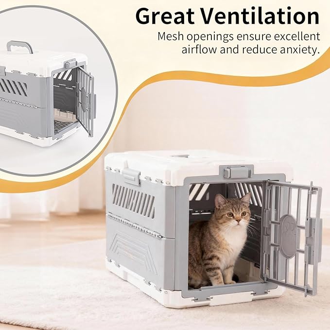 Collapsible Cat and Dog Cage - Durable Hard-Sided Carrier with Easy Unfolding, Space-Saving Design, and Comfortable Interior for Medium and Small Pets(Gray)