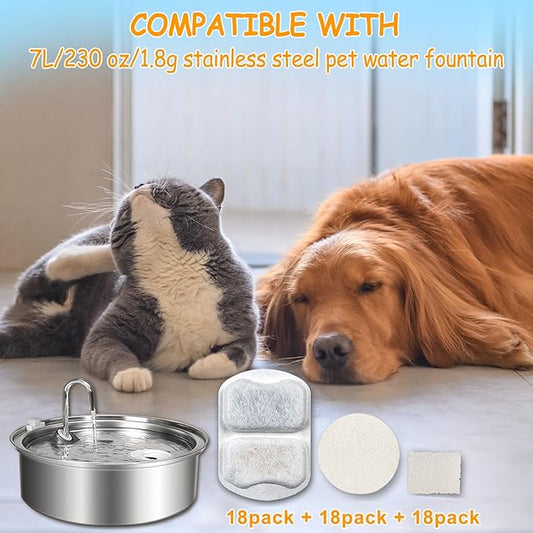 12 Sets Pet Water Fountain Filter Replacement Compatible with Oneisall 7L/230oz Stainless Steel Dog Dispenser - Filtered Dog Water Bowl - Replacement Filters and Sponge