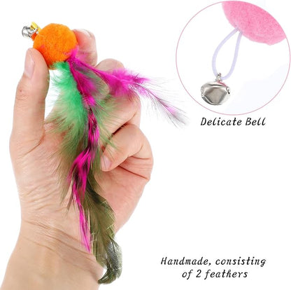 12 Pcs Cat Feather Toy Refills, Interactive Wand Attachments with Bells, Colorful Interactive Teaser Feathers Replacement for Indoor Cats & Kittens