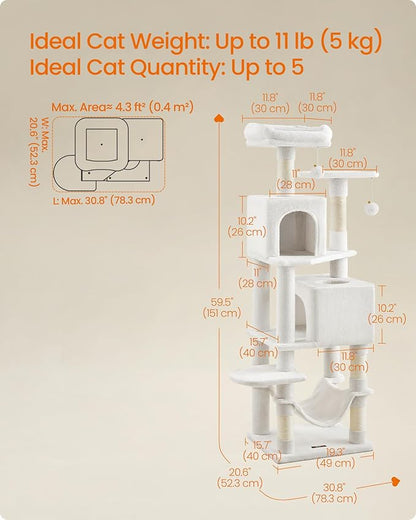 Feandrea Cat Tree, 59.5-Inch Tall Cat Tower, Plush Multi-Level Condo with 5 Scratching Posts, 2 Perches, 2 Caves, Hammock, 2 Pompoms, Cream White UPCT192T01