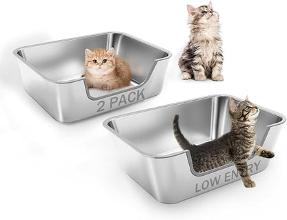 2 Pack Stainless Steel Cat Litter Box with Low Entry,Litter Pan for Small and Medium Cats,Easy to Clean,Non-Stick,Odor-Free,Suitable for Kittens,Senior Cats and Injured Pets,15.7"x11.8"x5.9"