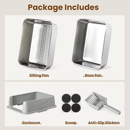 Stainless Steel Sifting Litter Box for Pine Pellets, Sifting Cat Litter Box with Sifter, High Side for Small Cats, Anti-Leakage, Odor Control, Includes Scooper, 17.7" x 13.8" x 11"