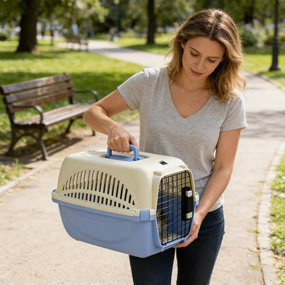18" Hard-Sided Travel Pet Carrier for Small Dogs and Cats, Handle and 4 Sides Ventilation for Pet, Portable Crate with Steel Wire Door and Security Lock for Car, Airplane, Outdoor (Blue)