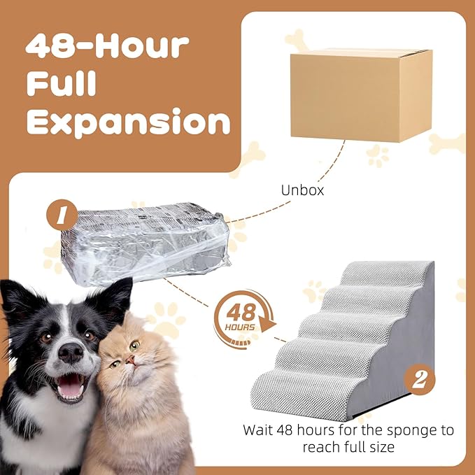 Makigued Dog Stairs for Small Dogs and Cats, 23" H 5 Steps Pet Steps Ramp for High Bed, Couch, Sofa, Waterproof Pet Stairs with Removable Washable Cover, Non-Slip Bottom, Light Gray