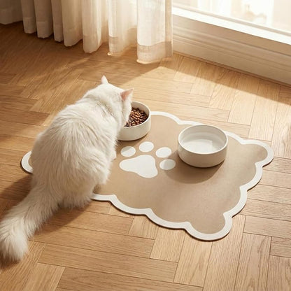Absorbent Pet Food Mat, Scalloped Edge Dog Cat Bowl Mat with Rubber Backing, Quick-Dry Leather Feeding Mat for Messy Drinkers, 16" x 24", Beige