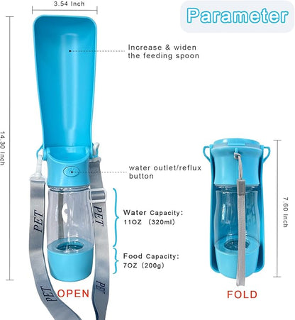 Portable Dog Water Bottle - 2-in-1 Dog Travel Water Bottle with Food Container & Bowl Dispenser, Leak-Proof, Lightweight, Ideal for Dog, Cat Walking, Hiking, Travel - 8 oz, Blue