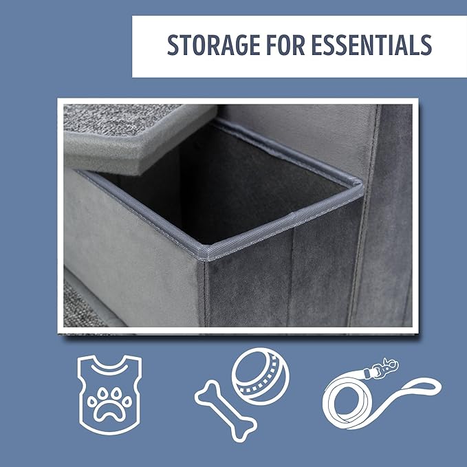 Trixie Velour Dog Stairs with Tread Steps - 4 Step Pet Stairs for Beds and Couches - Foldable with Additional Storage Space - Gray