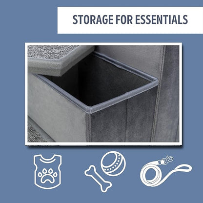 Trixie Velour Dog Stairs with Tread Steps - 4 Step Pet Stairs for Beds and Couches - Foldable with Additional Storage Space - Gray