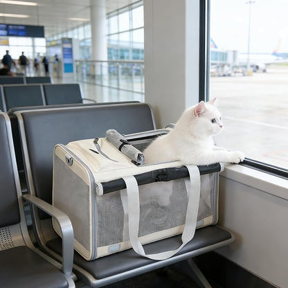 Pet Carrier Bag for Cats & Small Dogs, Airline Approved Travel Cat Carrier with Mesh Windows, Shoulder Strap & Removable Mat, Foldable Design for Home & Outdoor Trips (Grey)