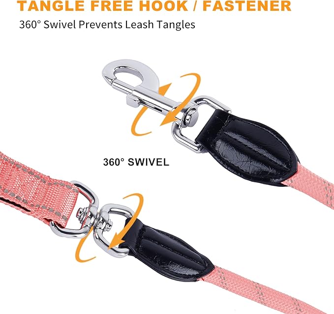 10FT Hands Free Dog Leash for Small Medium Large Dogs, Heavy Duty Reflective Dog Leash with Traffic Handle, Seat Belt Buckle & Poop Bag Holder (Pink)