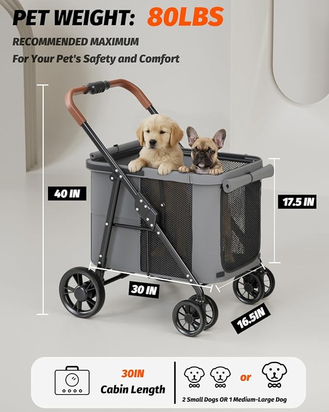 Dog Stroller for Large & Medium Dogs, Pet Stroller for 2 Small Dogs Up to 80 Lbs, Extra Large Heavy Duty, Folding & Breathable, All-Terrain Wheels, Grey