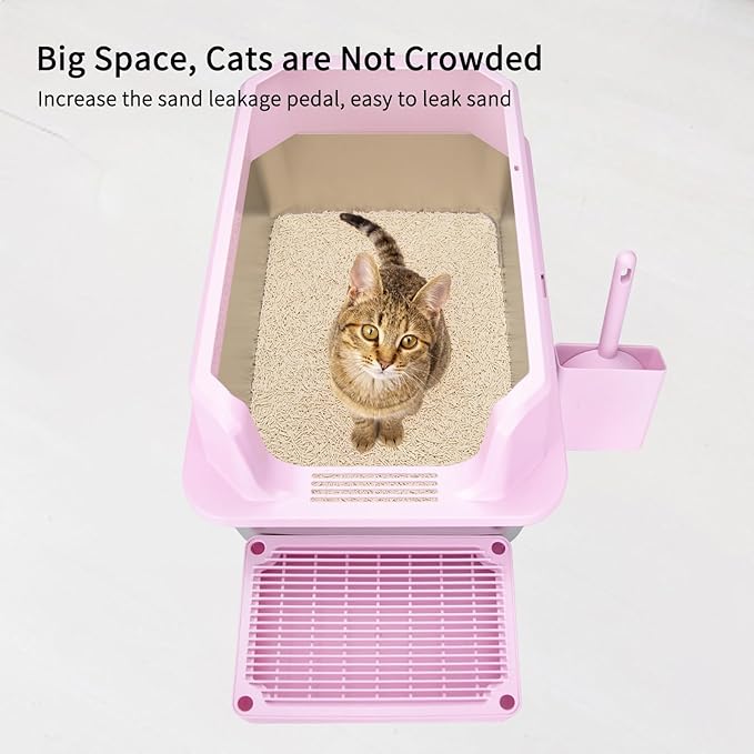 RIZZARI Open Cat Litter Box: Large Pink Stainless Steel Litter Pan with Teflon Non-Stick Coating - High Sided Splash-Proof Easy Clean Toilet for Cats up to 20 lbs - Ideal for Living Rooms - Apartments