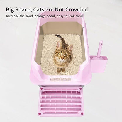 RIZZARI Open Cat Litter Box: Large Pink Stainless Steel Litter Pan with Teflon Non-Stick Coating - High Sided Splash-Proof Easy Clean Toilet for Cats up to 20 lbs - Ideal for Living Rooms - Apartments