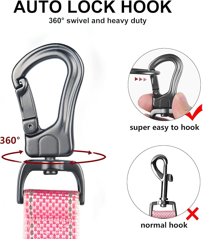 TwoEar 4FT 1IN Strong Pink Dog Leash with 2 Padded Handles, Traffic Handle Extra Control, Comfortable Soft Dual Handle, Auto Lock Hook, Reflective Walking Lead for Small Medium and Large Dogs