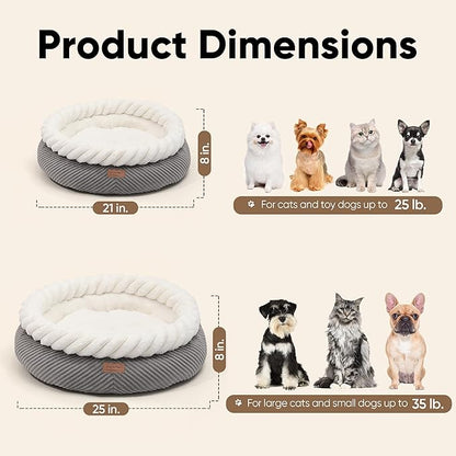 FUKUMARU Cat Bed, Calming Donut Dog Beds, Plush Faux Fur&Corduroy Cat Beds, Cute Round Washable Pet Bed for Large Cats and Small Dogs, Cat Cave with Anti-Slip Bottom, 21inch, Grey