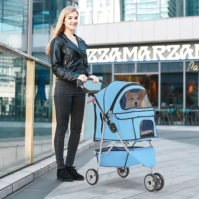 BestPet 3 Wheels Pet Stroller Dog Stroller Cat Cage Jogger Stroller Cats Travel Folding Carrier Waterproof Puppy Stroller with Cup Holder & Removable Liner,Blue