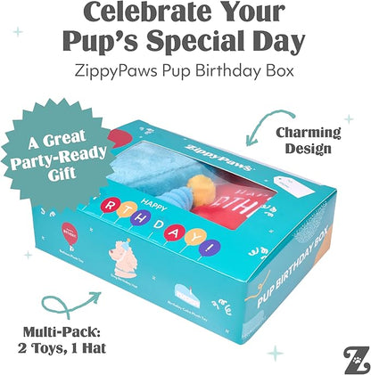 ZippyPaws Birthday Box - Dog Squeaky Toys to Keep Them Busy, Funny Food Plush for Small, Medium, & Large Dogs, Cute Stuffed Puppy Toy & Hat, Pet Products, Gift for Dogs of All Breeds - 3-Pack