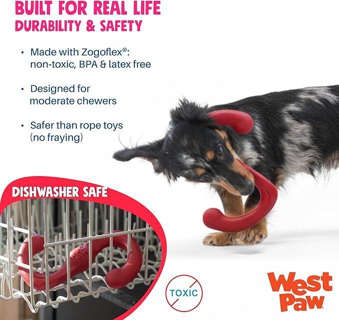 WEST PAW Zogoflex Bumi Dog Tug Toy – S-Shaped, Lightweight Chew Toys for Fetch, Play, Pet Exercise – Tug of War Soft Flinging Squishy Chewy Toy for Dogs – Guaranteed, Latex-Free, Large 9.5", Ruby