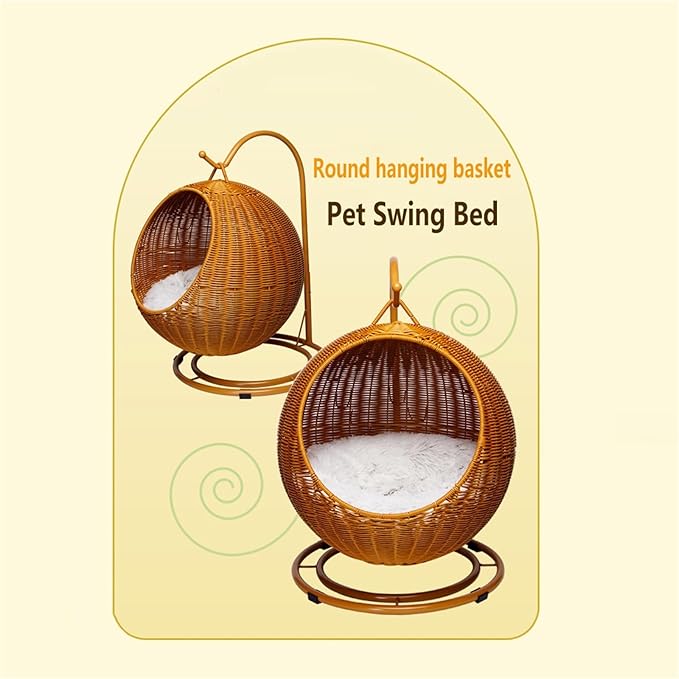 Wicker Cat Swing Bed Pet Swing with Stand & Cushion & Hanging Ball for Indoor Outdoor Lightweight Hanging Pet Hammocks for Cat, Dogs, and Small Animals(Brown)