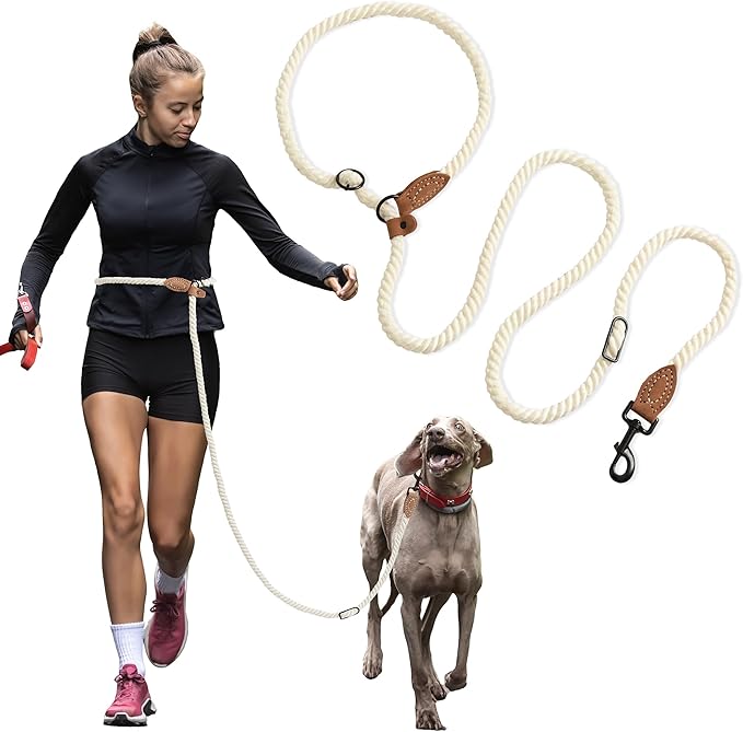 Mile High Life Hands Free Dog Leash, Crossbody Waist Leash with Genuine Leather Connection, Multifunctional Adjustable Slip Lead for Dog Walking Running (Cream, MF)