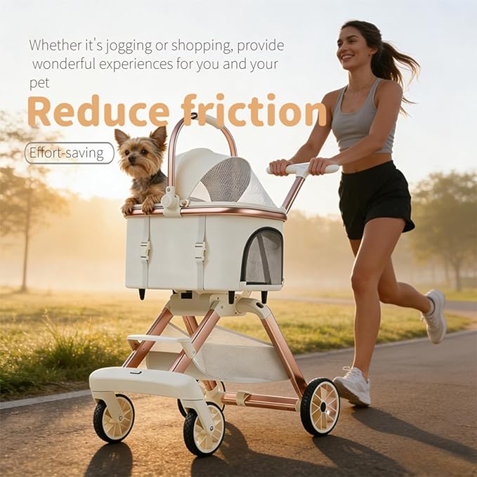 All-Terrain Pet Stroller for Small Medium Dogs & Cats, 30 lbs Capacity - Portable Carrier with One-Touch Brake, Lightweight Foldable Design & Shock Absorption Wheels,Beige