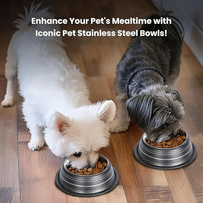 Iconic Pet 2 Cup/16 Oz Elegant Stainless Steel Color Splash Food/Water Bowl with Non Skid, Noise Free, Removable Rubber Ring - Dog/ Cat Feeding Bowl In color shade, Dishwasher Safe - Black, 2 Bowls