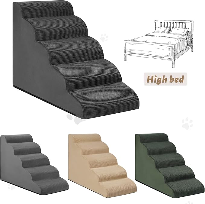 5-Step Dog Stairs and Ramp for High Bed, Non-Slip Sturdy Pet Steps for Small Dogs and Cats,22.2" H, Black