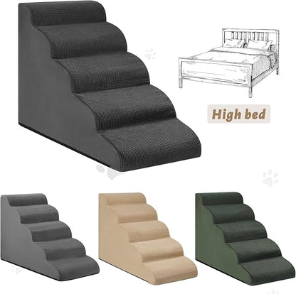 5-Step Dog Stairs and Ramp for High Bed, Non-Slip Sturdy Pet Steps for Small Dogs and Cats,22.2" H, Black