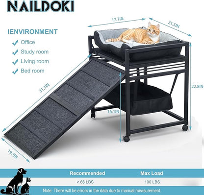 Movable Structure Pet Stairs Ramp with seat Mate Cats/Dogs Chair with ramp high beds, Folding Pet Steps for Large, Medium and Small Dogs, Cat Ladder, with Storage Cabinet