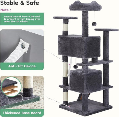 DUMOS 54-inch Indoor Cat Tree Tower –Multi-Level Pet House for Large Cats with 2 Condos, Scratching Posts, Round Platform, Small Ladder, and Toys – Perfect for Cats of All Ages, Dark Grey