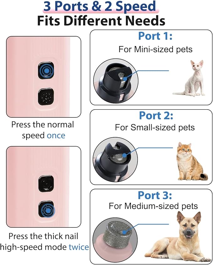 Electric Dog Nail Grinder with 2 Level LED Lights, 2 Speed Super Quiet and Low Vibration Electric Cat Nail Grinder - Rechargeable Pet Nail Grinder for Small Dogs Cats - Pink