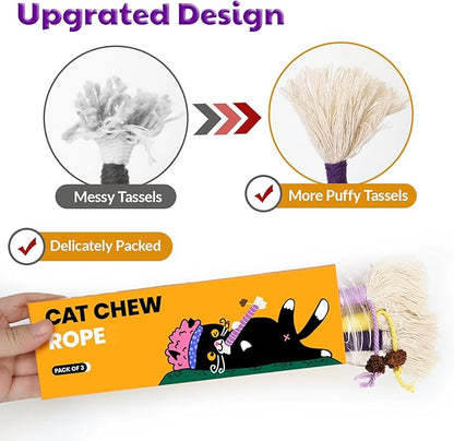 Cat Toys for Indoor Cats, Kitten Toys for Indoor Kittens, Catnip Rope Chew Toys for Teeth Cleaning, Interactive Cat Teething Toy, Kitty Kicker Toy, 3 Pack (Plus 1 Pouch of Catnip)
