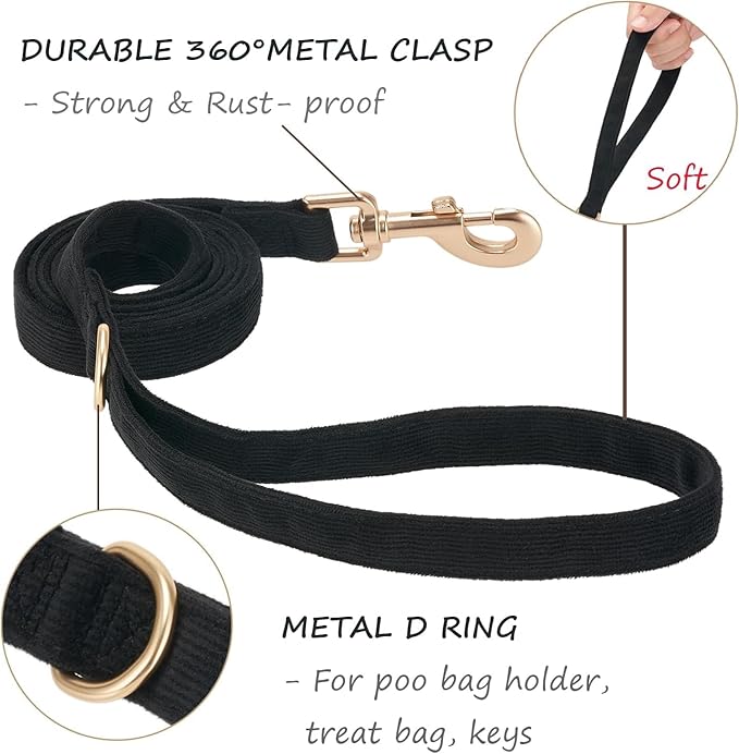 Soft Corduroy Fibric Dog Leash, 5 Feet Length Lead with Heavy Duty Rotating Hook, for Small Medium Dogs.(S,Black)